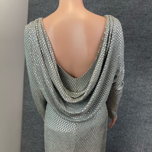 Eliza J Women's Sz 10 Silver Champagne Metallic Long Sleeve Draped Back Rushed. - Picture 2 of 12